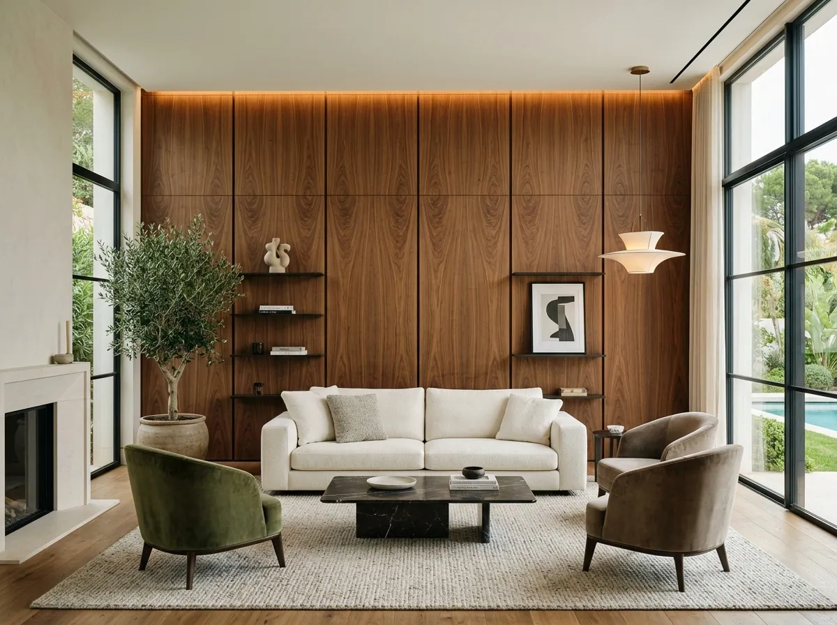 Bookmatched Walnut Veneer Wall — bespoke feature walls by Joinery.ae, Dubai
