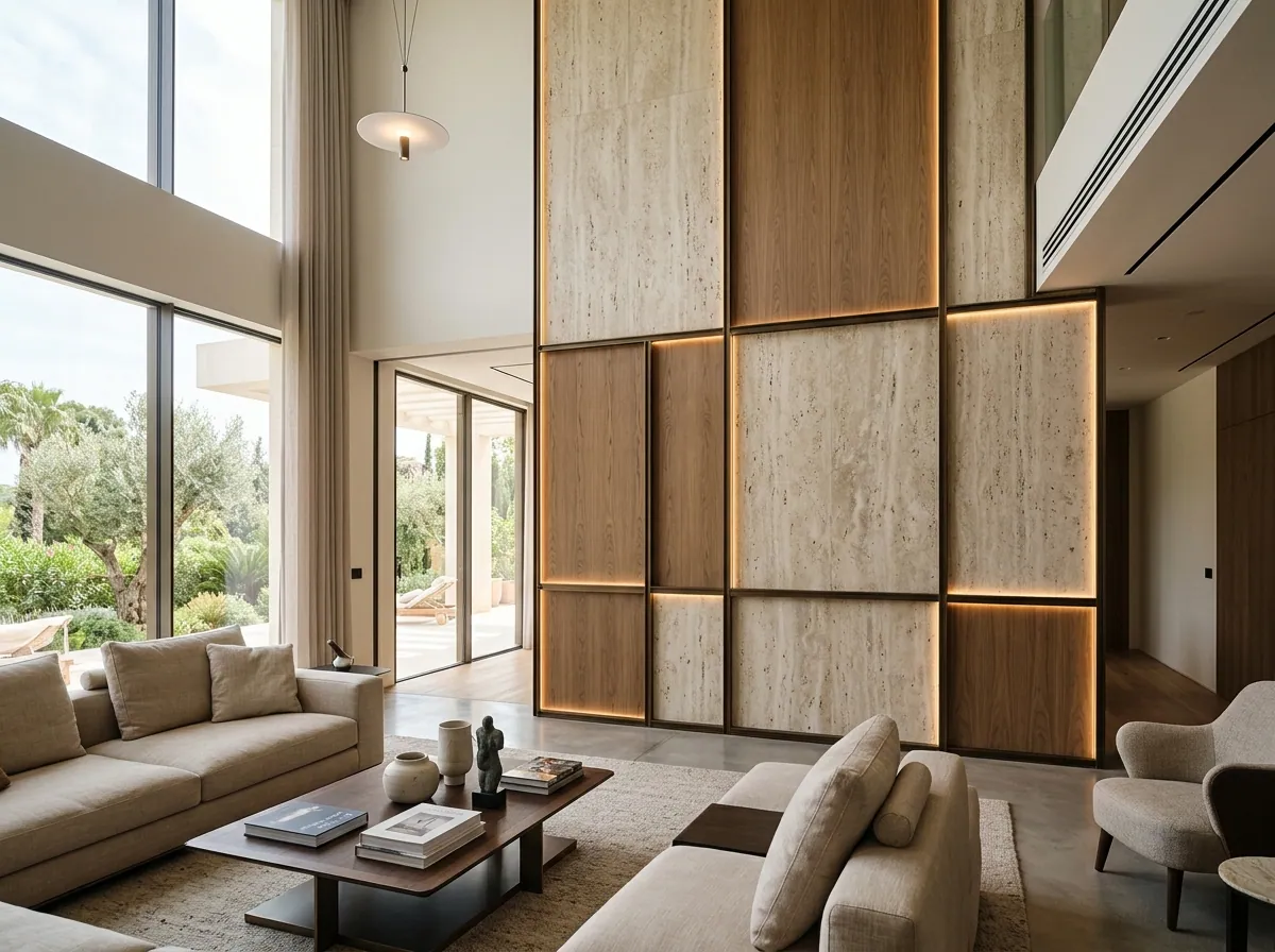 Mixed Material Travertine Wall — bespoke feature walls by Joinery.ae, Dubai