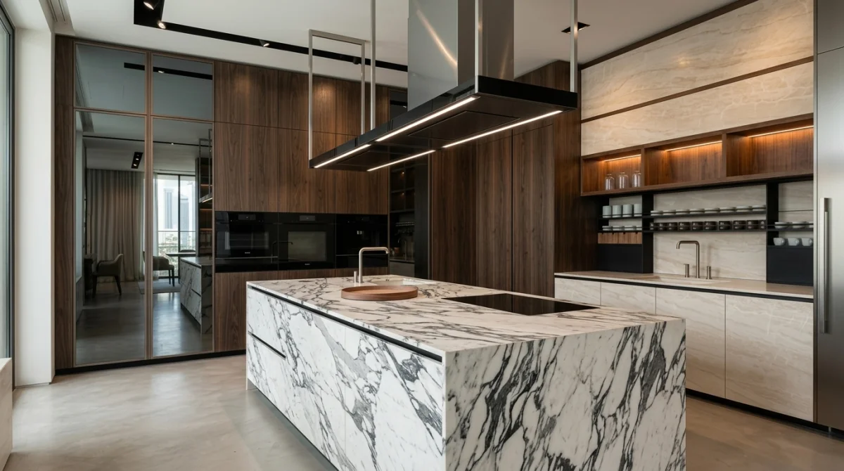 Smoked walnut cabinetry paired with Arabescato stone in a contemporary villa kitchen